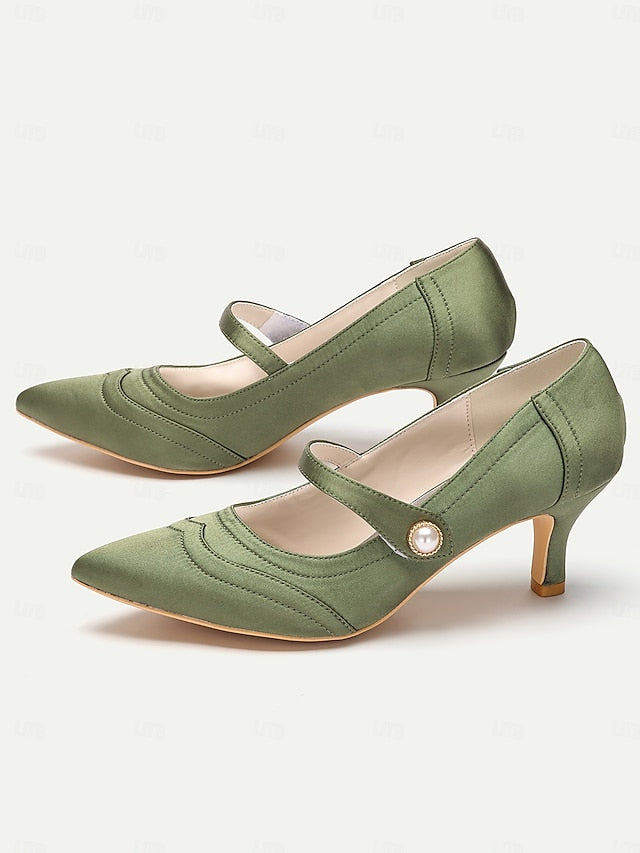 Jane Button Satin - with Heels Pearl Green Mary Elegant