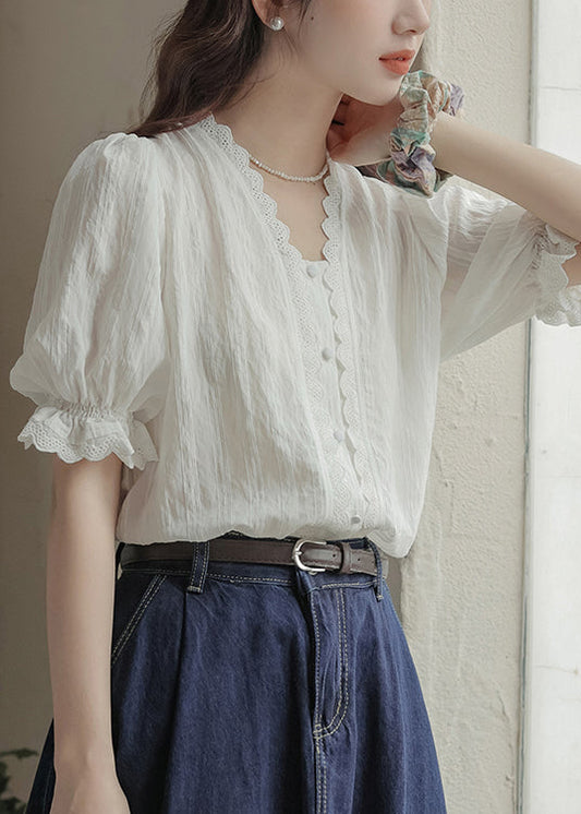 Haut décontracté en dentelle à col en V et patchwork blanc 