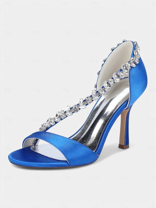 – Satin Champagne Crystal High Women's Heels T-Strap with