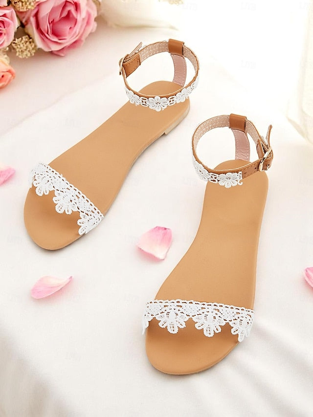 Ankle Strap Women's Sandals White Lace with Floral