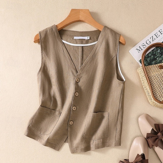 Women's Faux Cotton Linen Plain Modern Casual Sleeveless V