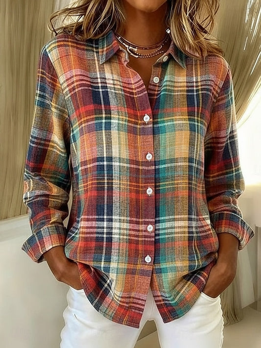 Women's Shirt Faux Cotton Linen Buttons Print Plaid Bohemia