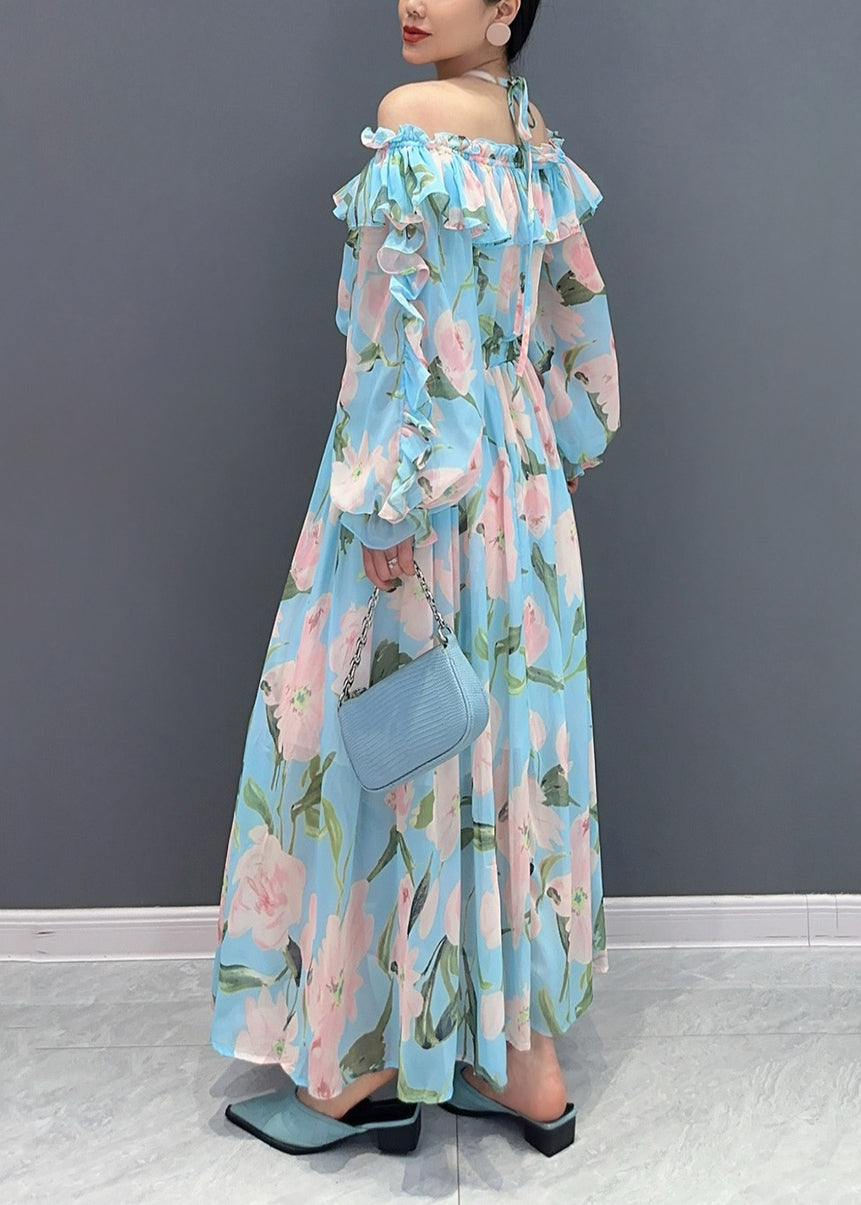 Fashion Blue Cold Shoulder Ruffled Patchwork Chiffon Dresses Long Sleeve AO1008