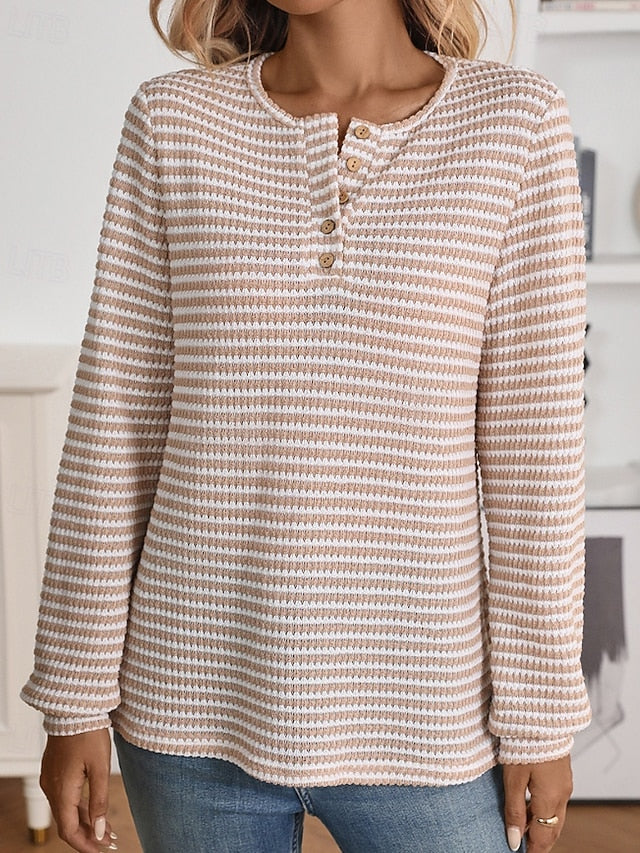 Women's T Shirt Buttons Striped Classic Casual Long Sleeve