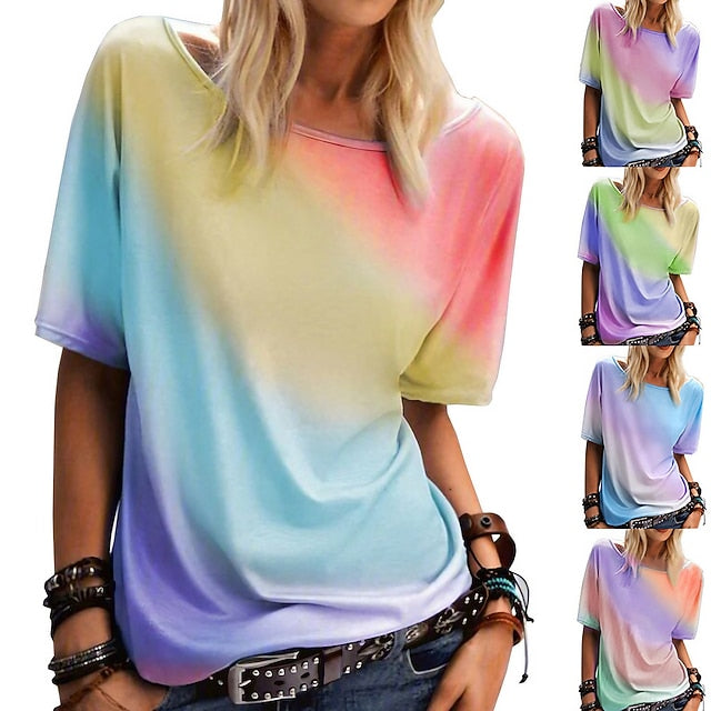 Women's clothing rainbow gradient printing casual top round