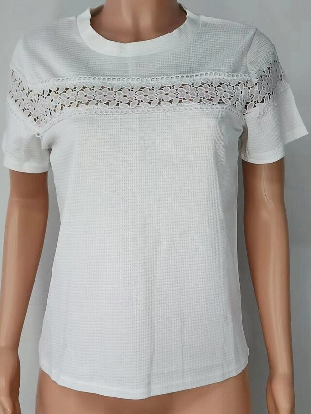 Women's Boho Shirt T Shirt Patchwork Eyelet Plain Fashion