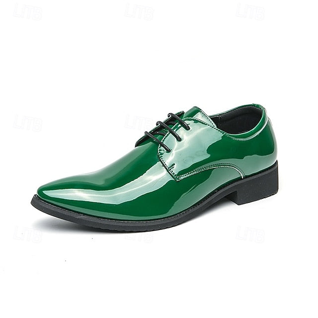 Formal for Green Leather Patent Shoes Glossy Men Lace-Up –