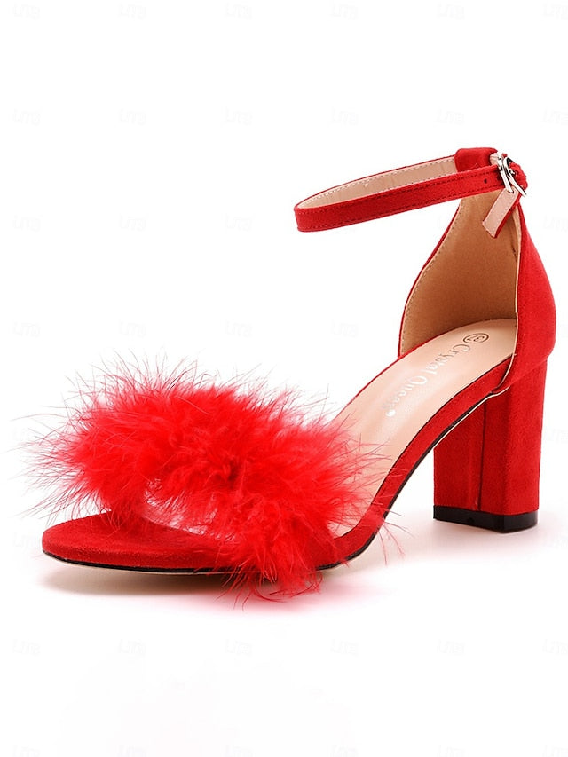 – Heel for Block Wedding Feather-Embellished Women Sandals