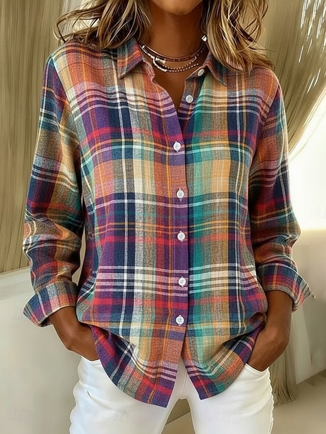 Women's Shirt Faux Cotton Linen Buttons Print Plaid Bohemia