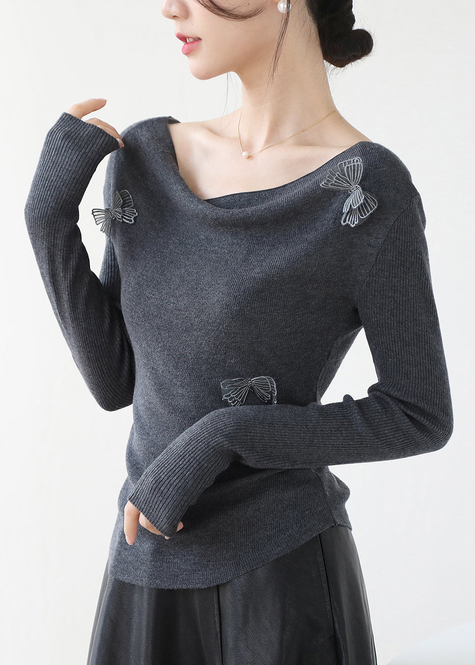 Original Design Grey Slash Neck Butterfly Knit Top Winter RV029