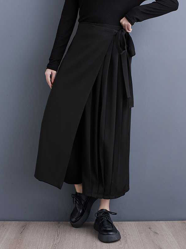 Stylish Black Elasticity High Waisted Asymmetric Tied Patchwork Pleated Ninth Pants WS015