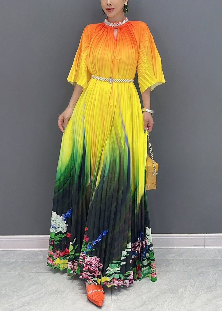 2024 Summer Fashion Orange Yellow Color Blocked Long Pleated Dress AO1020