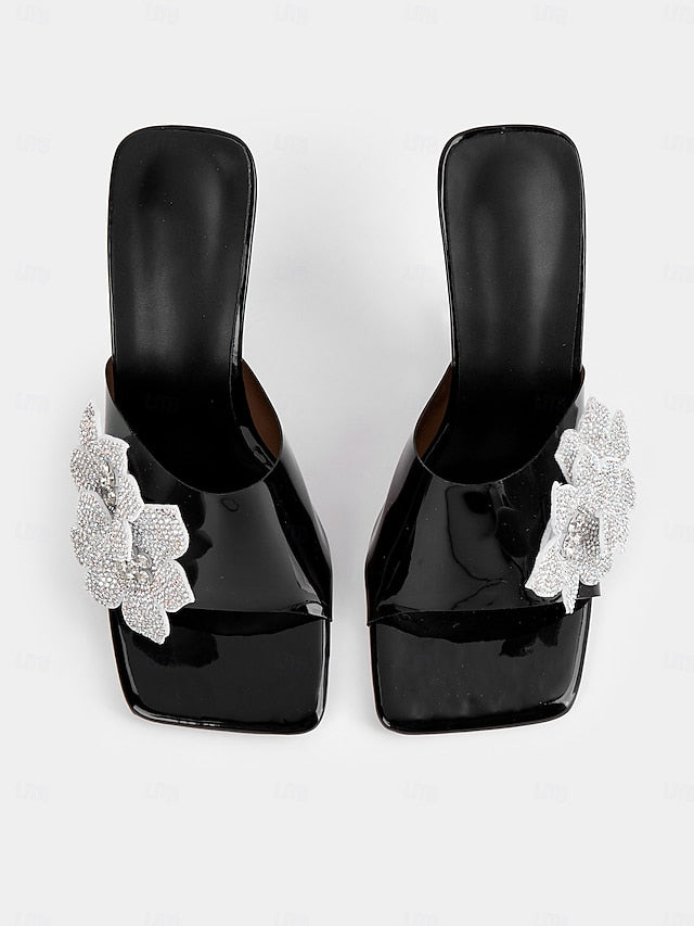 Leather Mules Women's Black Patent with Flower Rhinestone