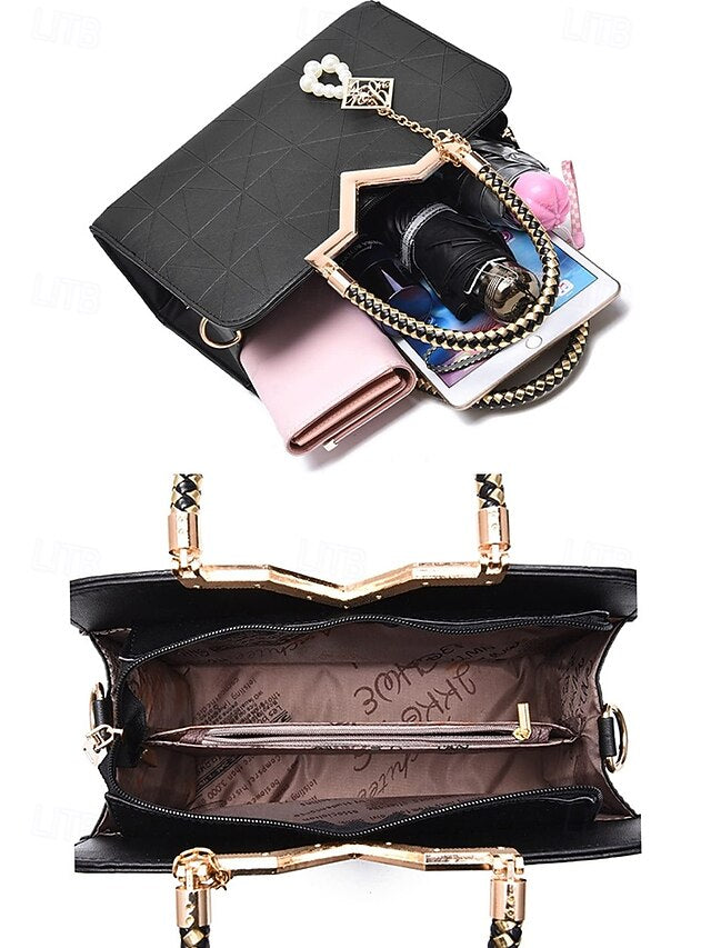 Women's Faux Leather Handbag with Pearl Pendant – Elegant