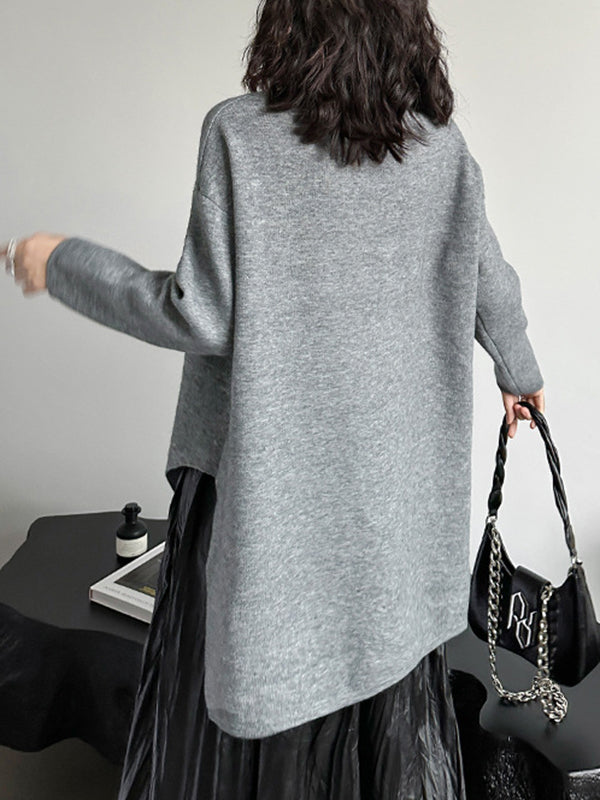 Street Grey Round-neck Zipper Decor Irregular High-low Hem Long Sleeve Sweater AN1067