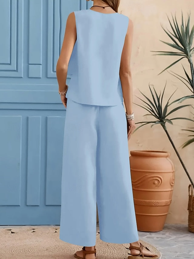 Women's Pants Sets Sleeveless Square Neck Plain Ruched