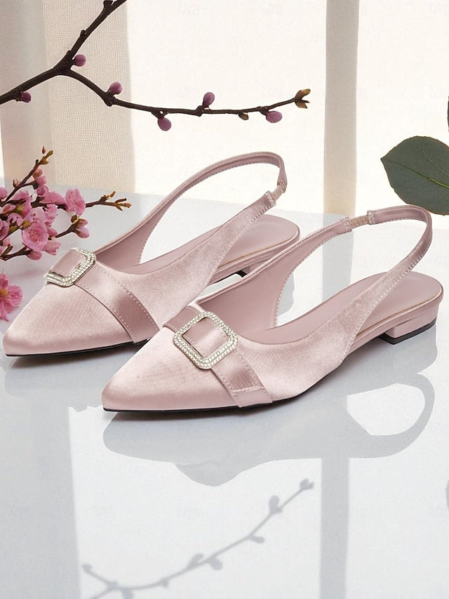 Rhinestone Flats Satin Pink with Slingback Buckle Women's