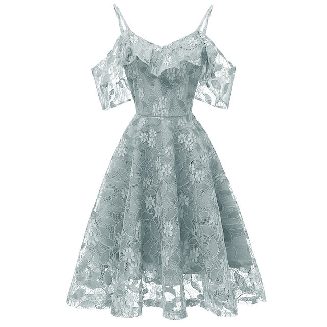 A-Line Knee Length Prom Dresses Elegant Vintage Short Sleeve V