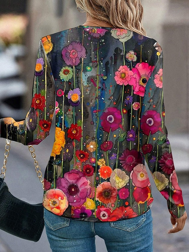 Women's T shirt Crew Neck Long Sleeve Tunic Oil painting