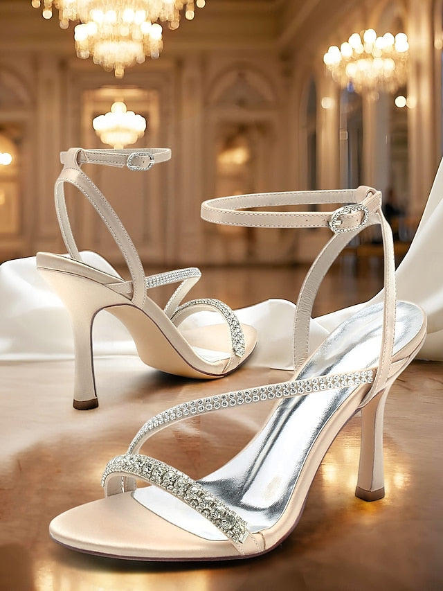 Champagne Sophisticated Strappy Heels Rhinestone Satin –