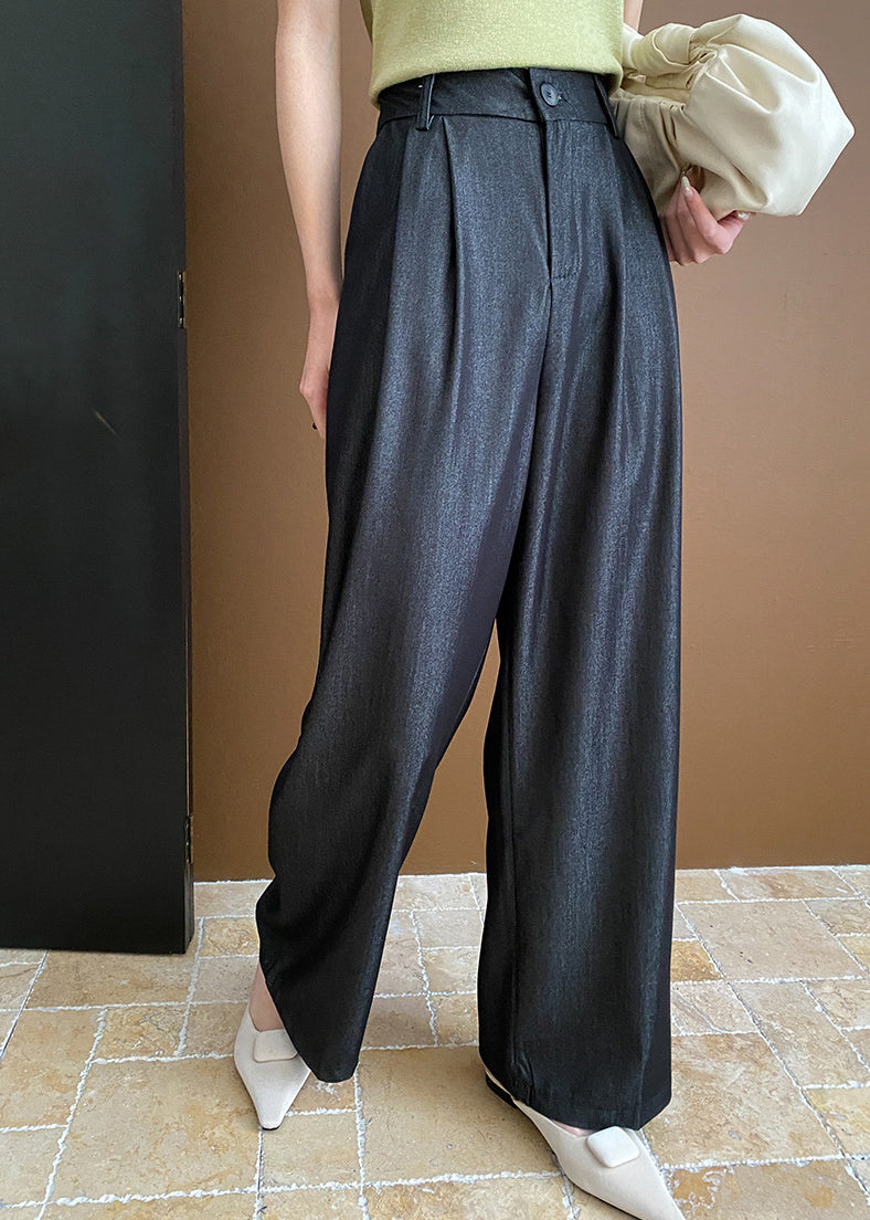 Casual Black Pockets Cotton Wide Leg Pants Summer WD003