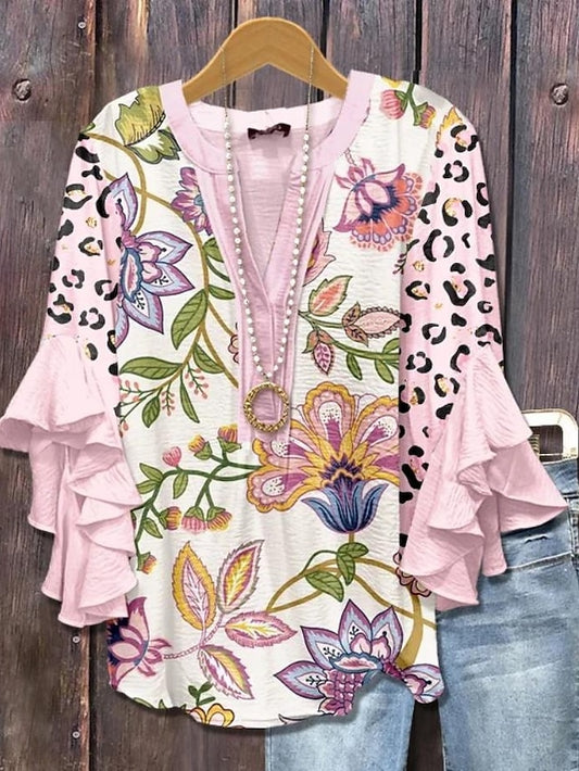 Women's Blouse V Neck Layered Ruffle Sleeve Tops Floral