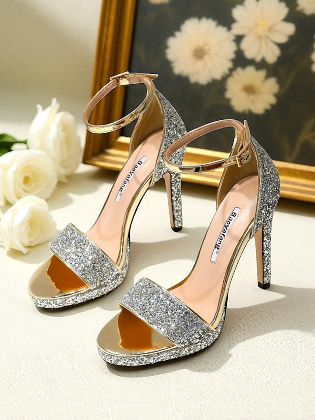 High Sandals Ankle Heel Strap with Women's Silver Glitter