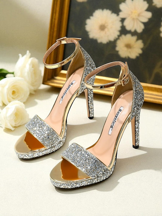 High Sandals Ankle Heel Strap with Women's Silver Glitter