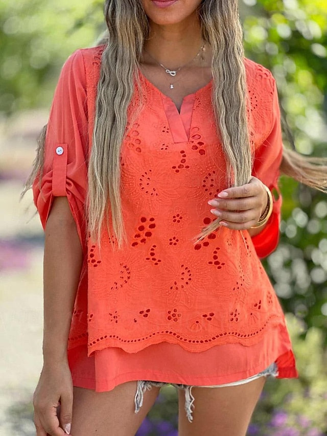 Women's Shirt Blouse Dressy Tops Embroidered Eyelet Solid