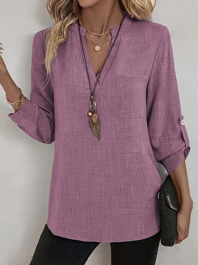 Women's Cotton Linen Shirts Buttons Solid Color Stylish