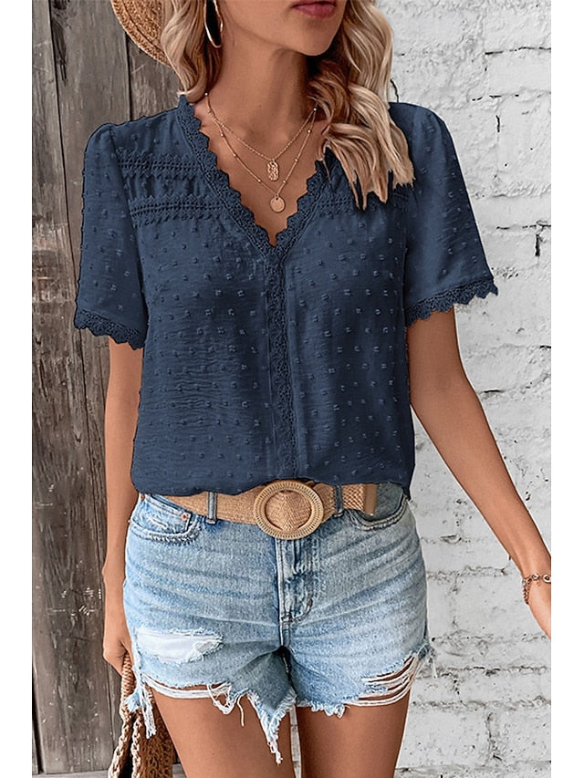 Women's T Shirt Lace Solid Color Fashion Short Sleeve V