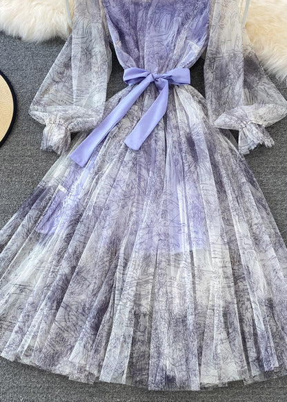 Purple O-Neck Bow Tulle Long Dress Puff Sleeve AJ1038