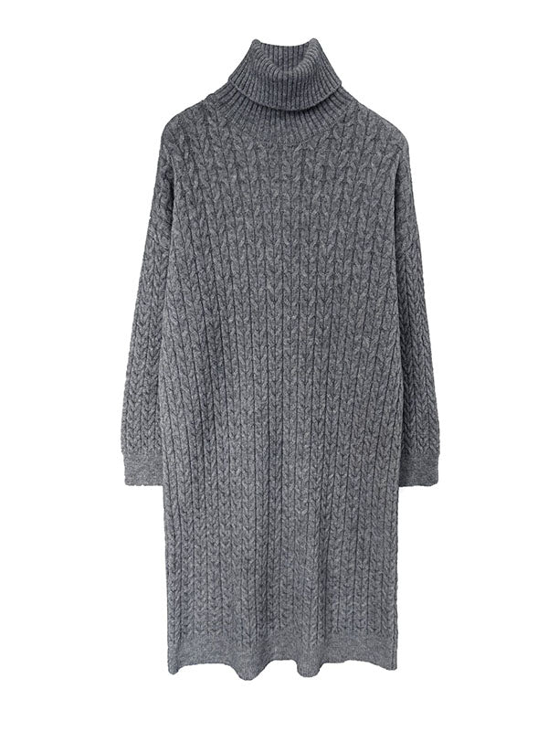 Casual Grey High-Neck Long Sleeve Twist Knit Dress AN1053