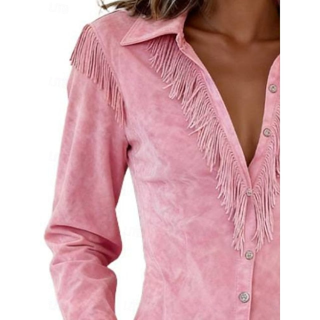 Women's Shirt Blouse Patchwork Buttons Fringe Plain Stylish