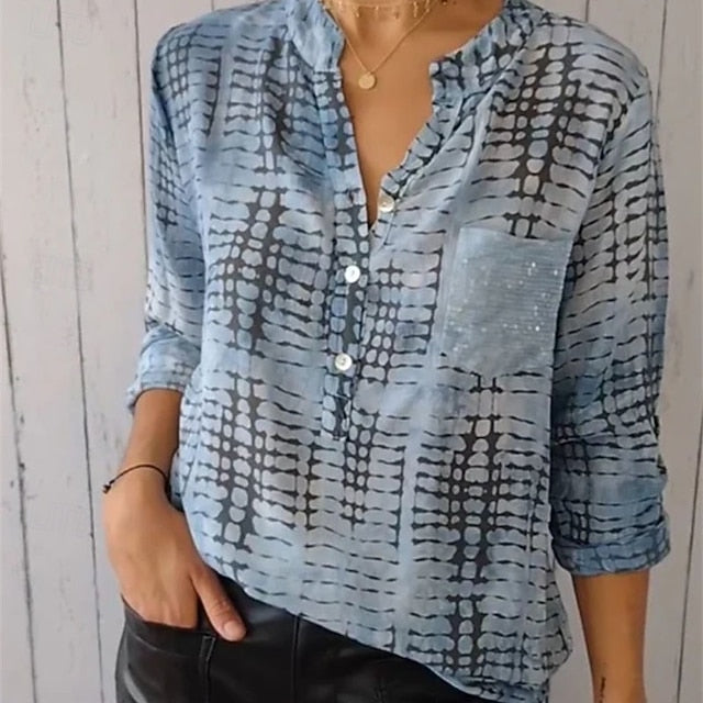 Women's Blouse Dressy Tops Ruched Patchwork Pocket Plaid