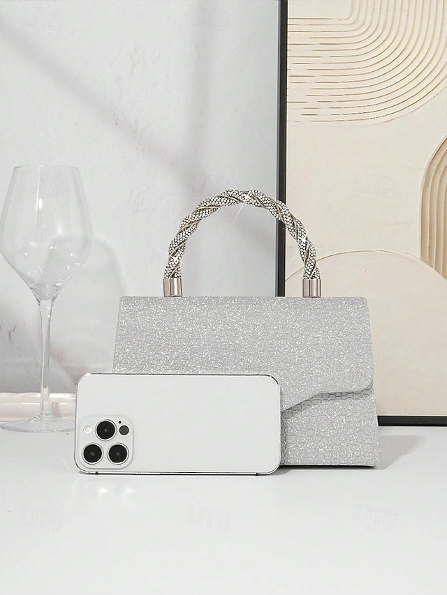 Glitter Handle Handbag Silver Rhinestone Women's with –