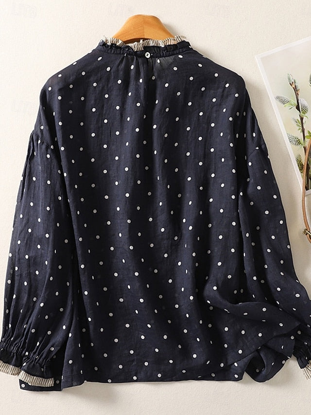 Women's Shirt Blouse Long Sleeve Tops Patchwork Polka Dot