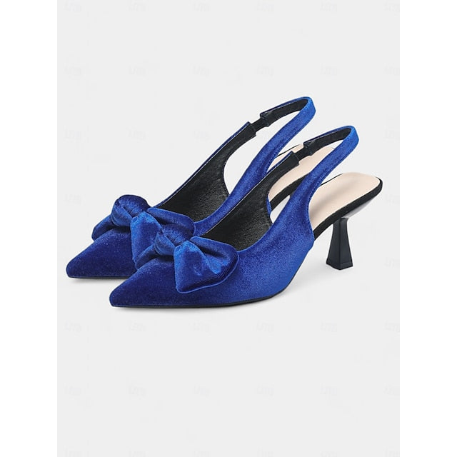 Velvet Pointed Toe Women's with Bow Slingback Heels Blue
