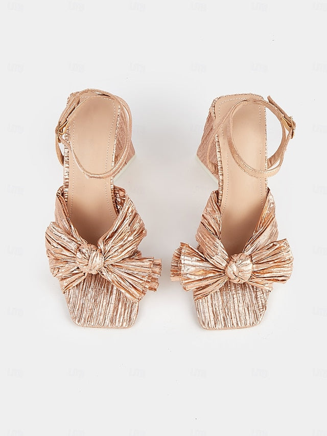 and Detail Rose with Knot Heel Sandals Gold Textured Block
