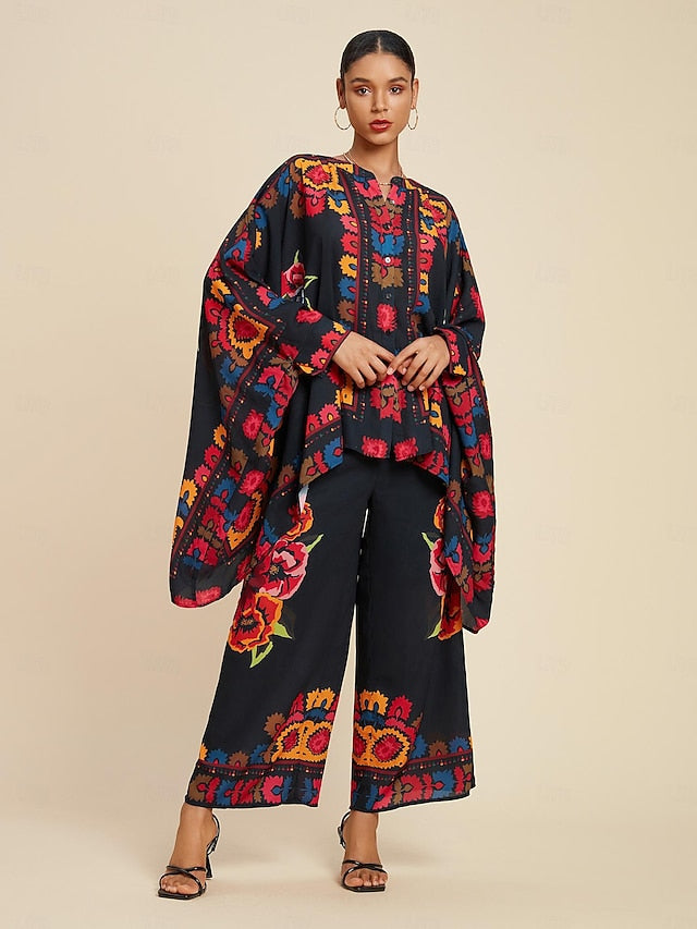 Women's Top Chiffon Floral Print Lapel Ethnic Style Casual