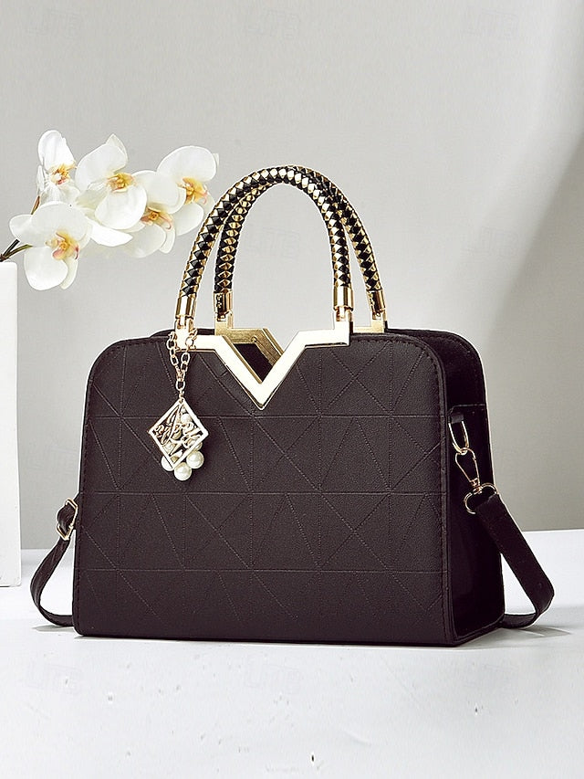 Women's Faux Leather Handbag with Pearl Pendant – Elegant