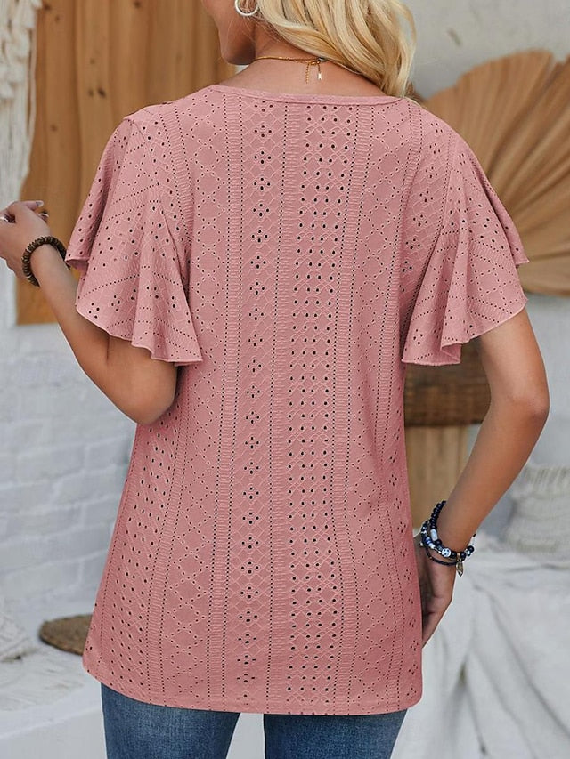 Women's Pointelle Shirt Eyelet Top Lace Shirt Lace Short