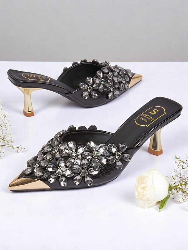 Mules Embellished Pointed-Toe – Rhinestone Women's Black