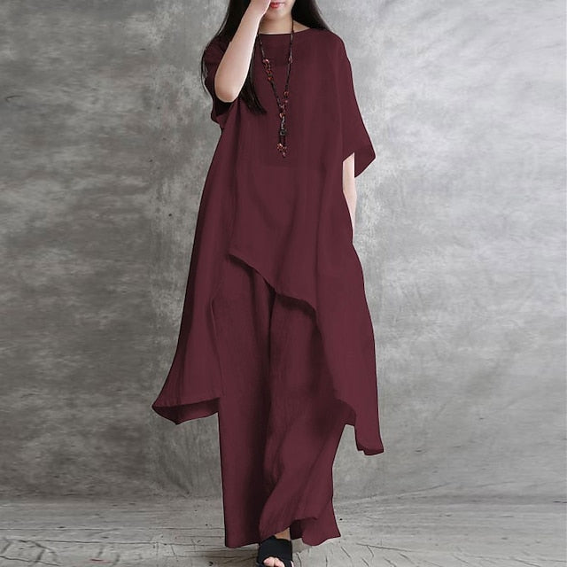 Women's Shirt Pants Sets Long Cotton Top Wide Leg Pants