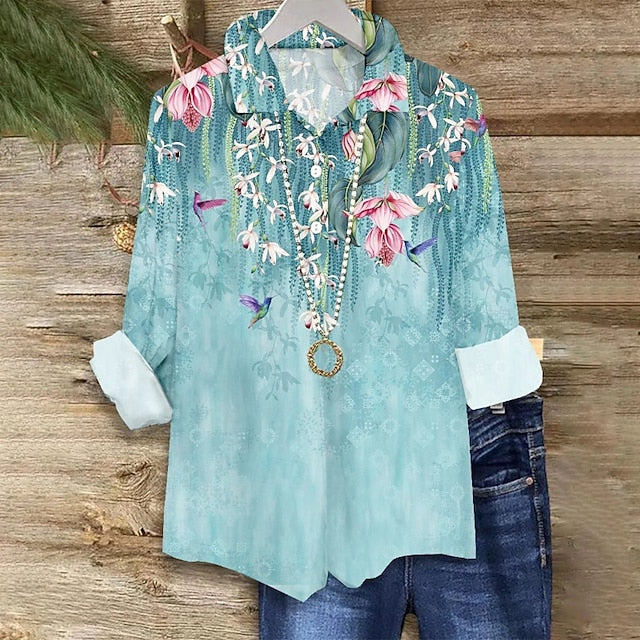 Women's Shirt Blouse Print Flower Modern Long Sleeve Shirt