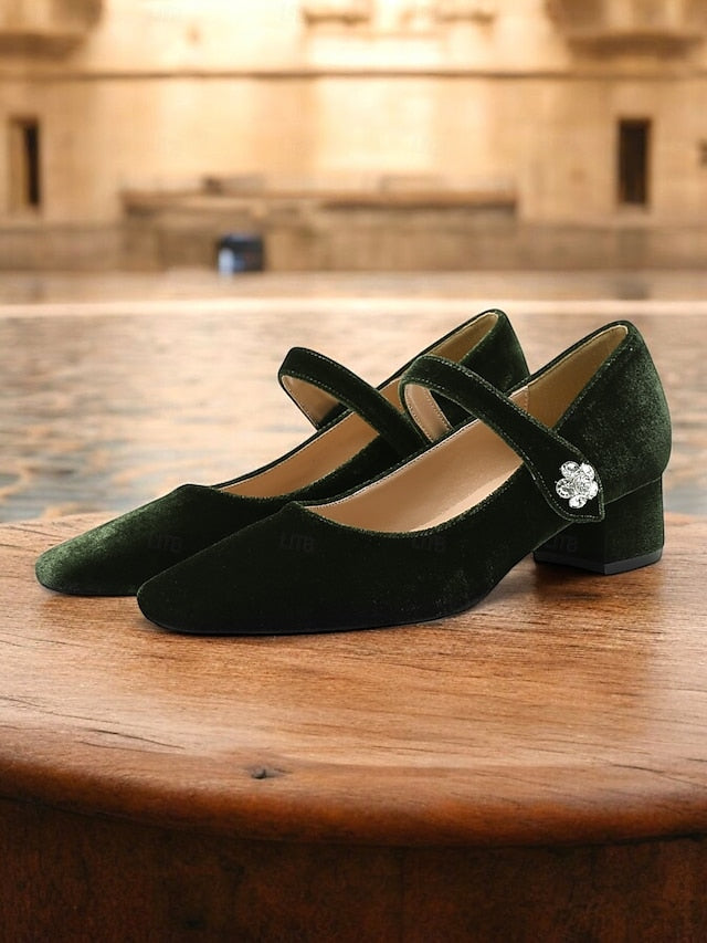 Green Women's Mary - Jane Block Toe Velvet Pumps Square