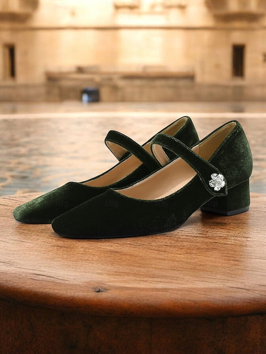 Green Women's Mary - Jane Block Toe Velvet Pumps Square