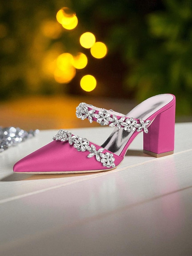 Block Heel Floral with Women's Black Mules Satin Rhinestone