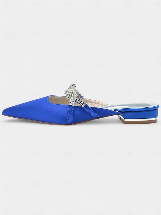 with - Detailing Mule Blue Rhinestone Pointed-Toe Satin Heels