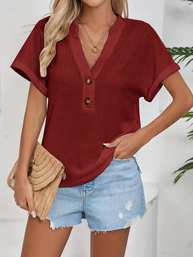 Women's Blouse Buttons Solid Color Stylish Casual Short